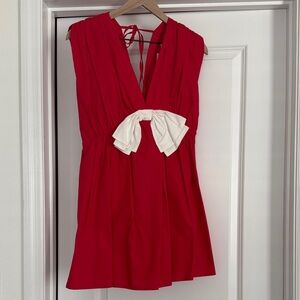 Red V-Neck romper with White Bow